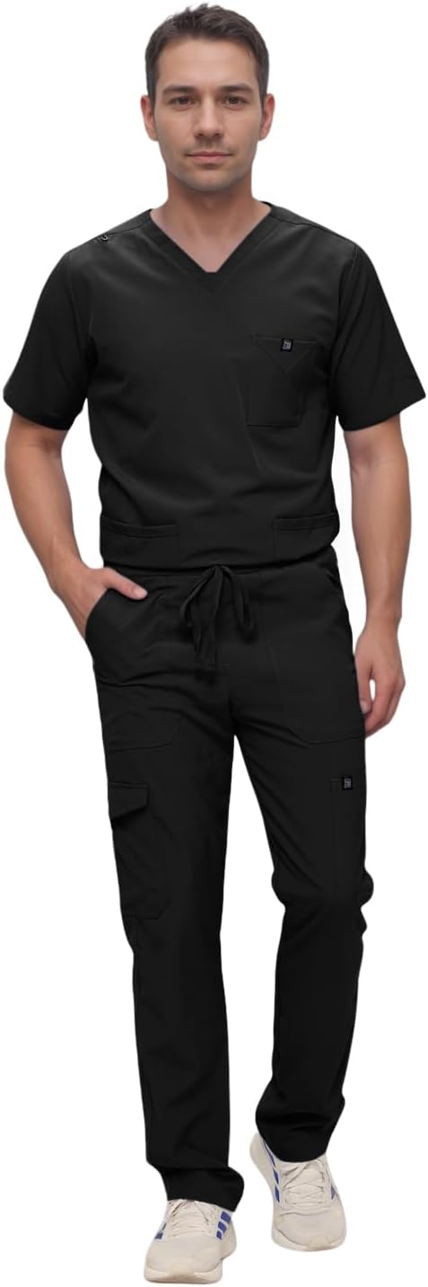 Monarch Uniforms Men's Scrub Set V-Neck Scrub Sets with Nine Large Pockets - Black