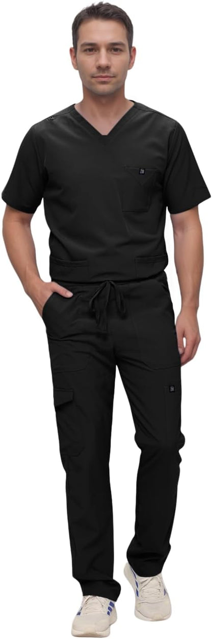 Monarch Uniforms Men's Scrub Set V-Neck Scrub Sets with Nine Large Pockets - Black