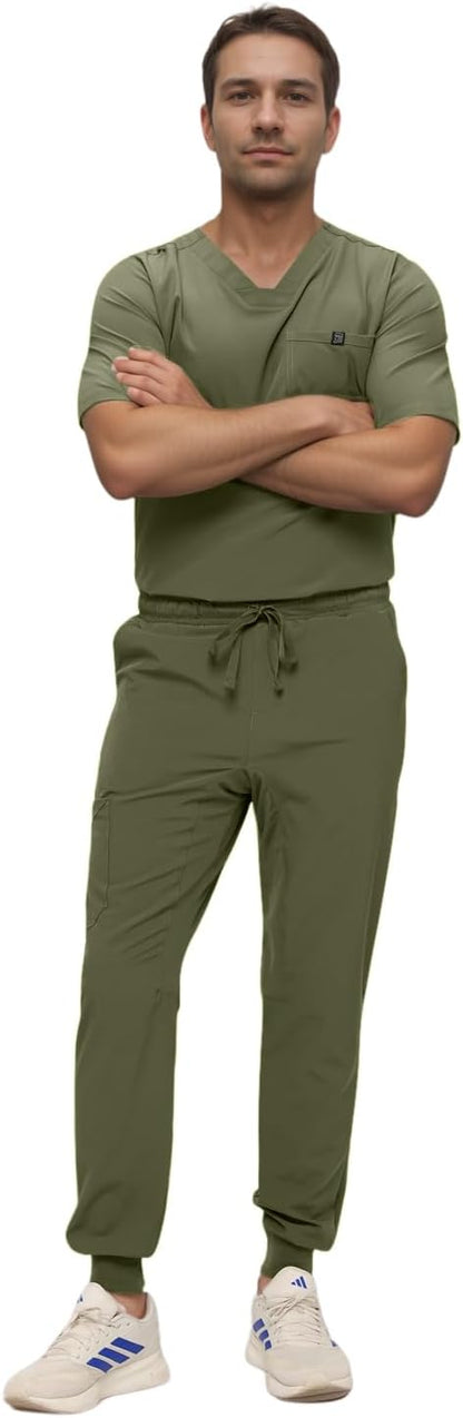 Monarch Uniforms Men's Jogger Scrub Set Tuck-in Scrubs for Men with Jogger Pants and One Pocket Top - Olive