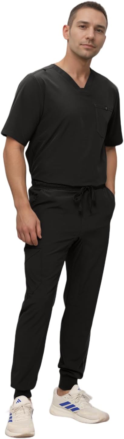 Monarch Uniforms Men's Jogger Scrub Set Tuck-in Scrubs for Men with Jogger Pants and One Pocket Top - Black
