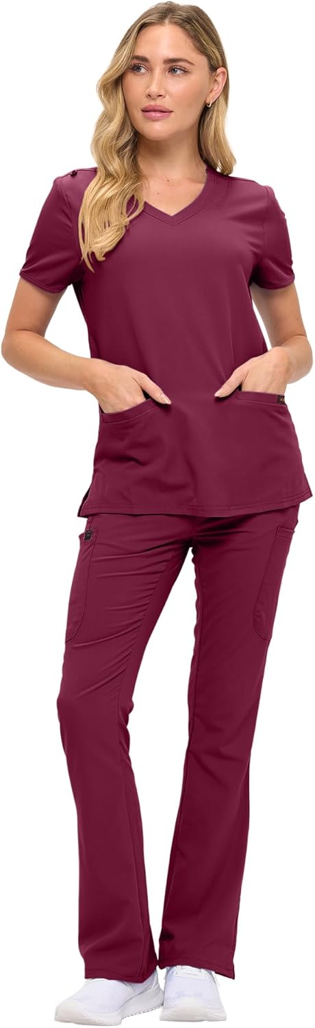 Monarch Uniforms Women's Soft Stretch Scrub Set With Nine Pockets – V-Neck Top & High-Waisted Bootcut Pants - Burgundy