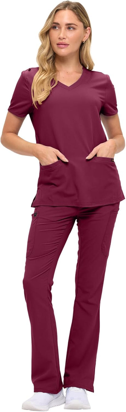 Monarch Uniforms Women's Soft Stretch Scrub Set With Nine Pockets – V-Neck Top & High-Waisted Bootcut Pants - Burgundy