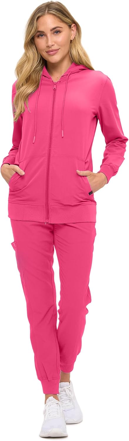 Monarch Uniforms Women's Scrub Jacket Hoodie – Lightweight Zip Up Nursing Jacket - Hot Pink