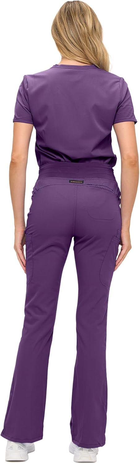 Monarch Uniforms Women's Soft Stretch Scrub Set With Nine Pockets – V-Neck Top & High-Waisted Bootcut Pants - Eggplant