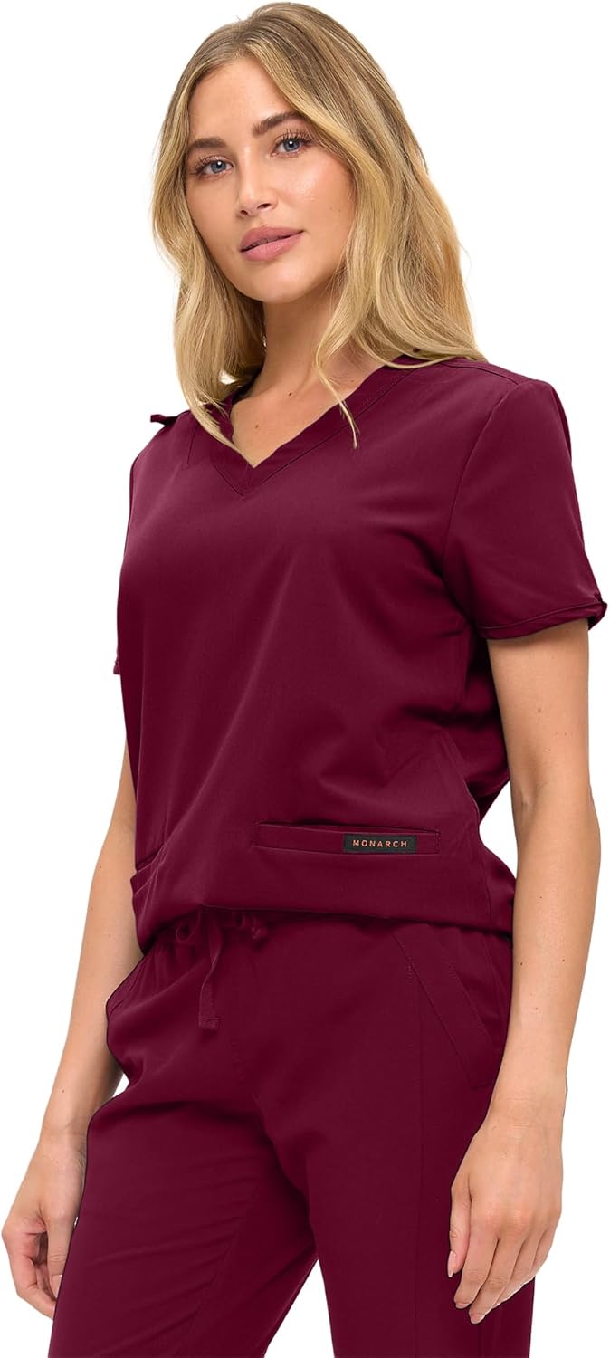 Monarch Uniforms Women's Scrub Top – Comfortable Stretch V-Neck Medical Shirt with Pockets - Burgundy