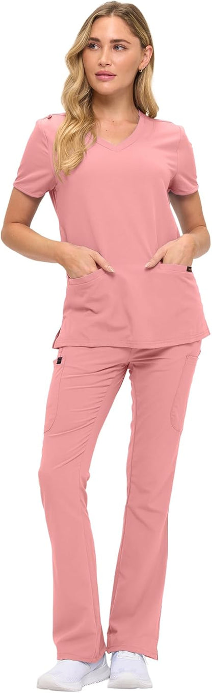 Monarch Uniforms Women's Soft Stretch Scrub Set With Nine Pockets – V-Neck Top & High-Waisted Bootcut Pants - Mauve