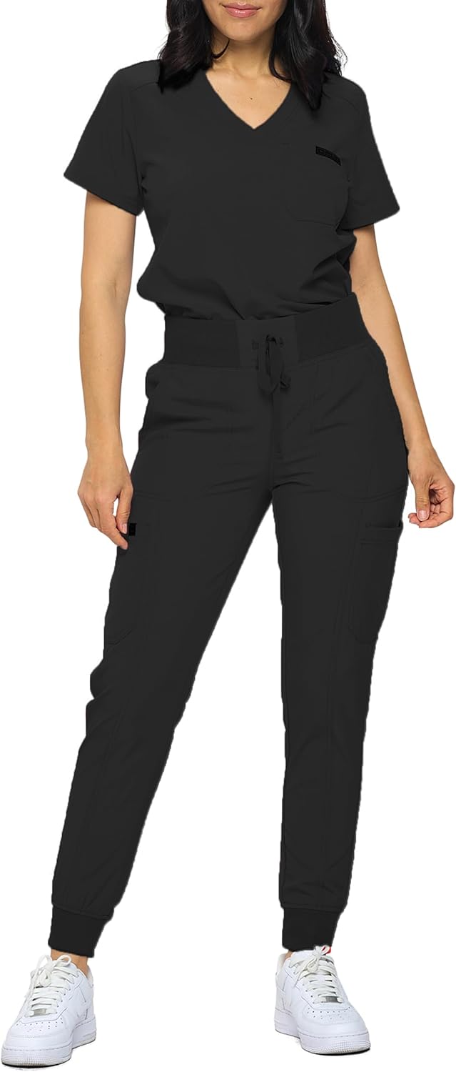 Monarch Uniforms Slim Fit Stretchy Scrubs Women's Jogger Scrub Set with Tuck-In Top - Black