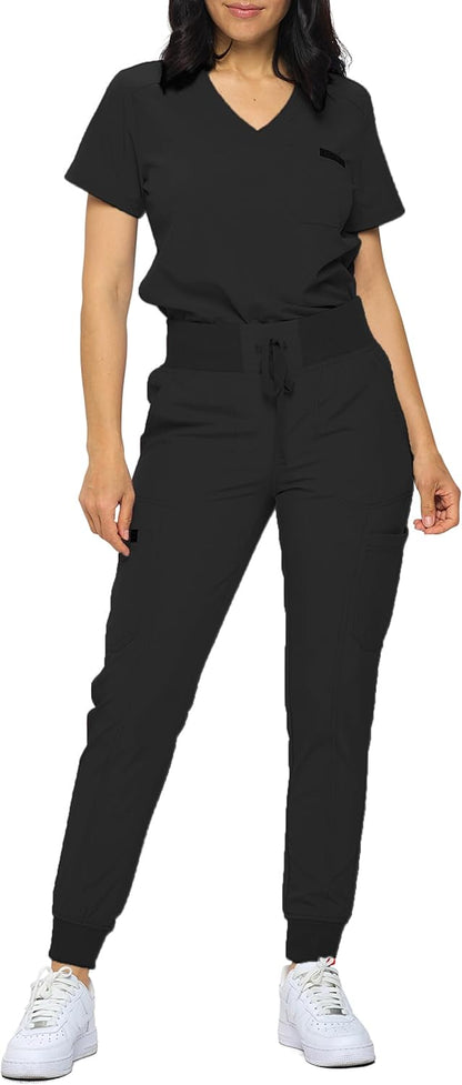 Monarch Uniforms Slim Fit Stretchy Scrubs Women's Jogger Scrub Set with Tuck-In Top - Black