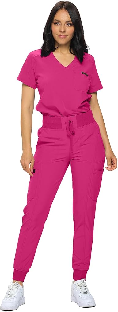 Petite Stretchy Scrubs Women's Jogger Scrub Set Jogger Scrubs with Tuck-In Top for Women