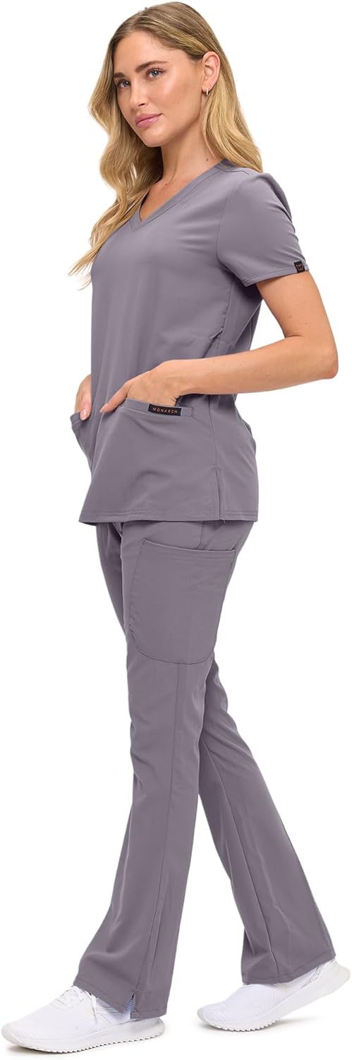 Monarch Uniforms Women's Soft Stretch Scrub Set With Nine Pockets – V-Neck Top & High-Waisted Bootcut Pants - Charcoal