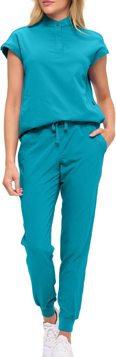 Monarch Uniforms Women's Jogger Scrub Set with Oversized Scrub Top with Mandarin Collar - Teal