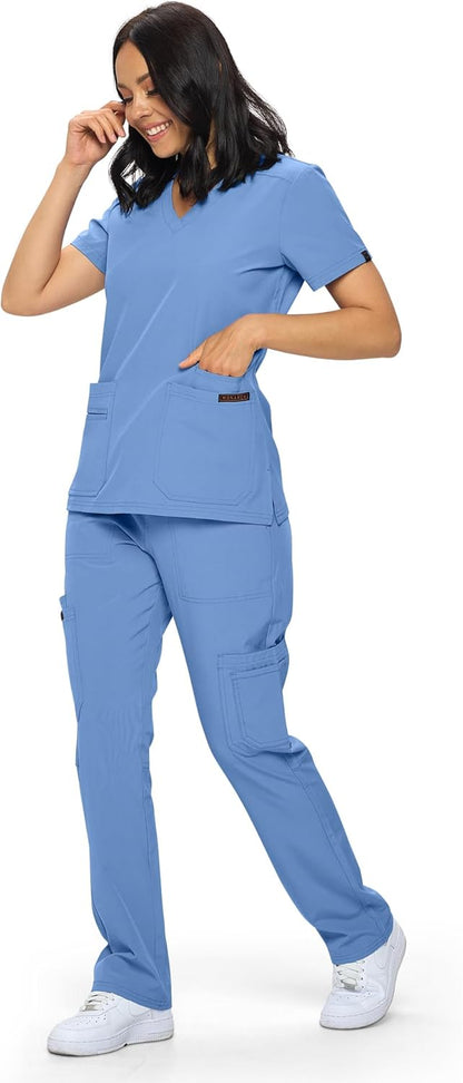 Monarch Uniforms Scrub Sets - Regular & Petite Stretchy Scrubs for Women - Set of Top & Pants - Ceil Blue