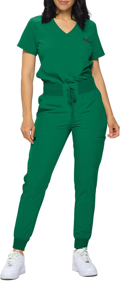 Monarch Uniforms Slim Fit Stretchy Scrubs Women's Jogger Scrub Set with Tuck-In Top - Hunter Green