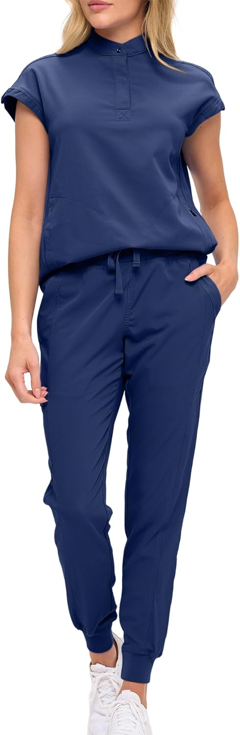 Monarch Uniforms Women's Jogger Scrub Set with Oversized Scrub Top with Mandarin Collar - Navy Blue