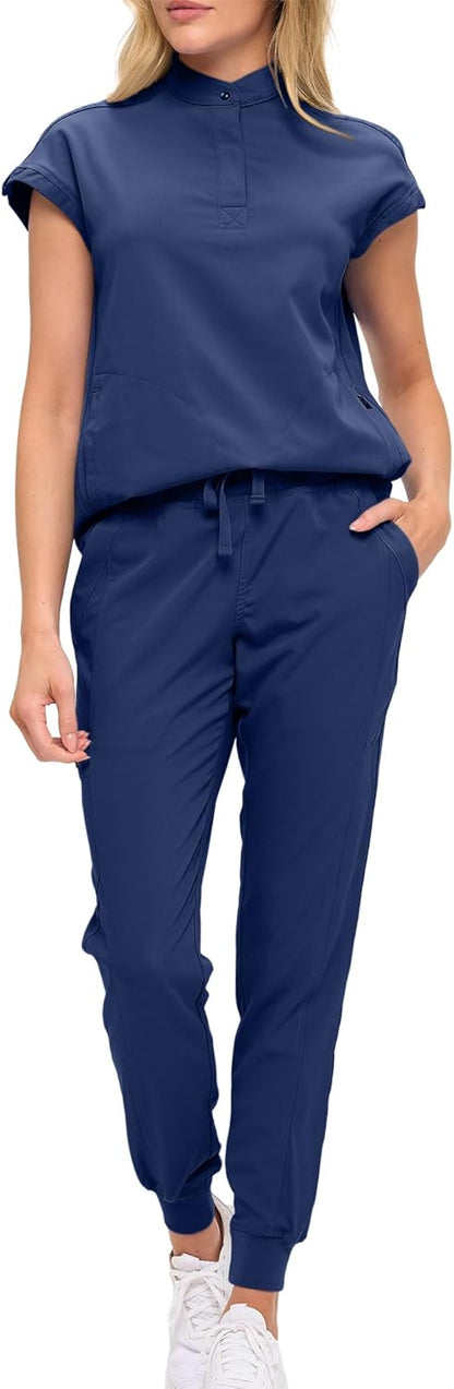 Monarch Uniforms Women's Jogger Scrub Set with Oversized Scrub Top with Mandarin Collar - Navy Blue