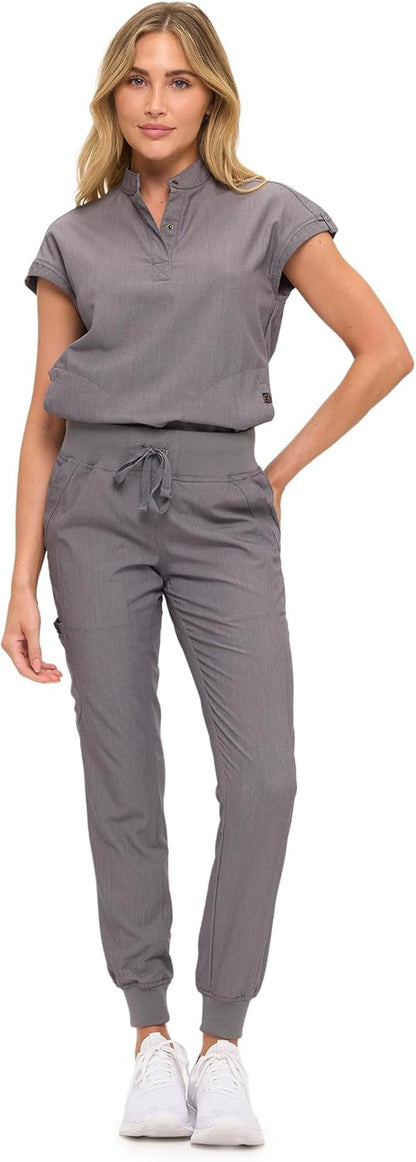 Monarch Uniforms Women's Jogger Scrub Set with Oversized Scrub Top with Mandarin Collar - Heather Grey