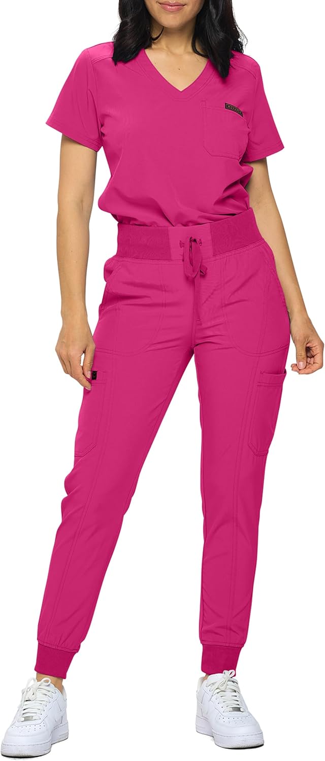 Monarch Uniforms Slim Fit Stretchy Scrubs Women's Jogger Scrub Set with Tuck-In Top - Hot Pink