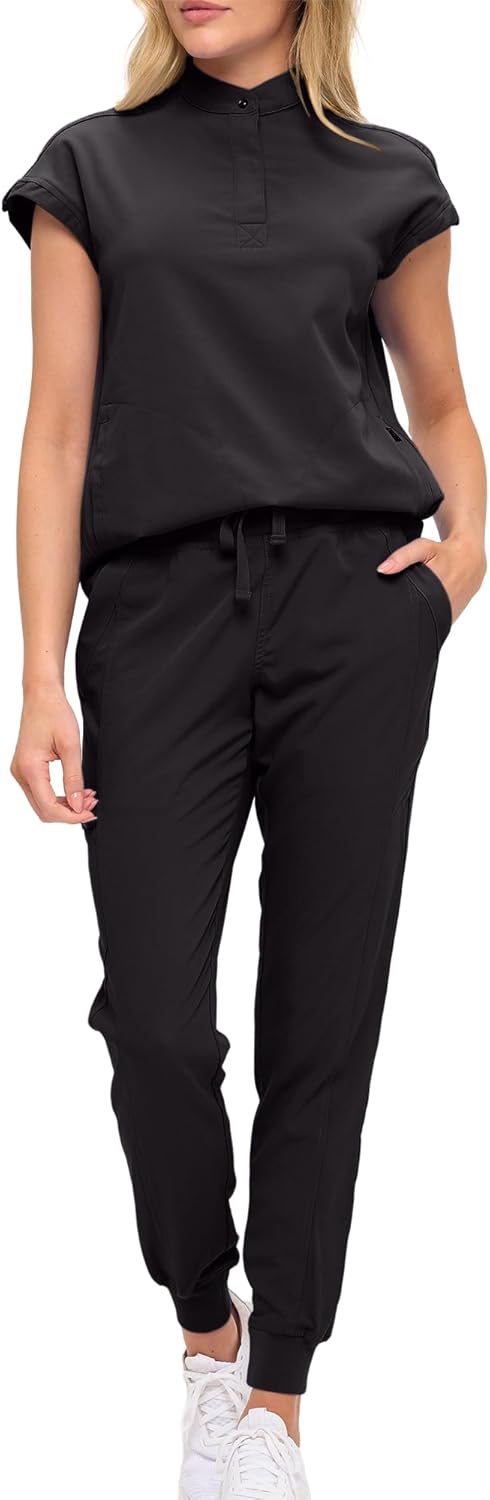 Monarch Uniforms Women's Jogger Scrub Set with Oversized Scrub Top with Mandarin Collar - Black
