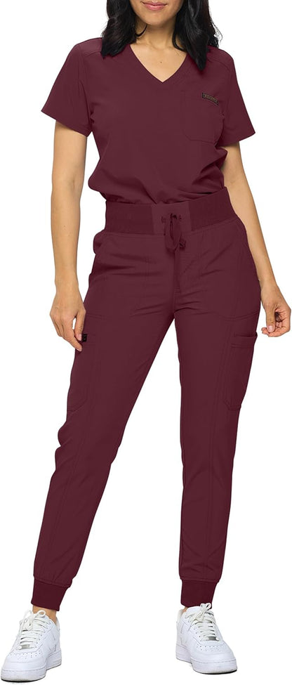 Monarch Uniforms Slim Fit Stretchy Scrubs Women's Jogger Scrub Set with Tuck-In Top - Burgundy