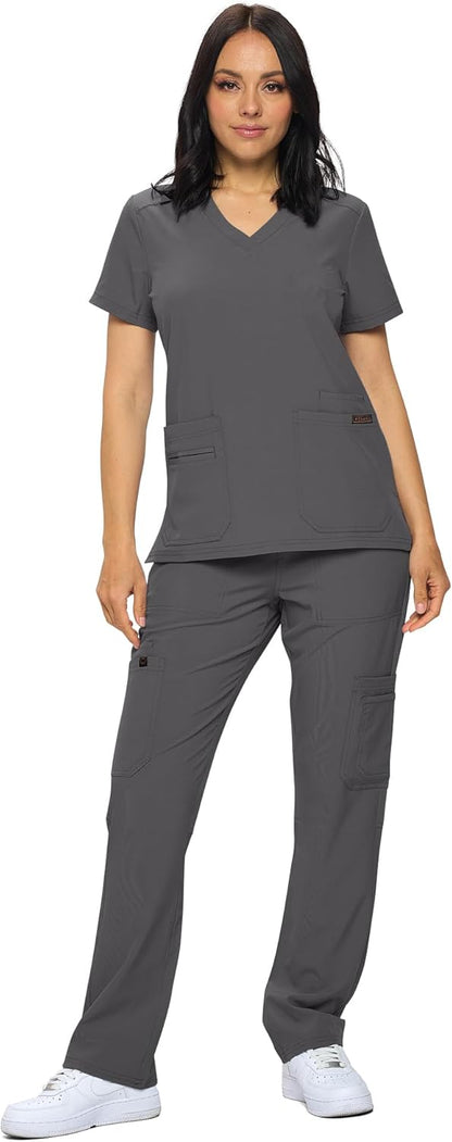 Monarch Uniforms Scrub Sets - Regular & Petite Stretchy Scrubs for Women - Set of Top & Pants - Charcoal