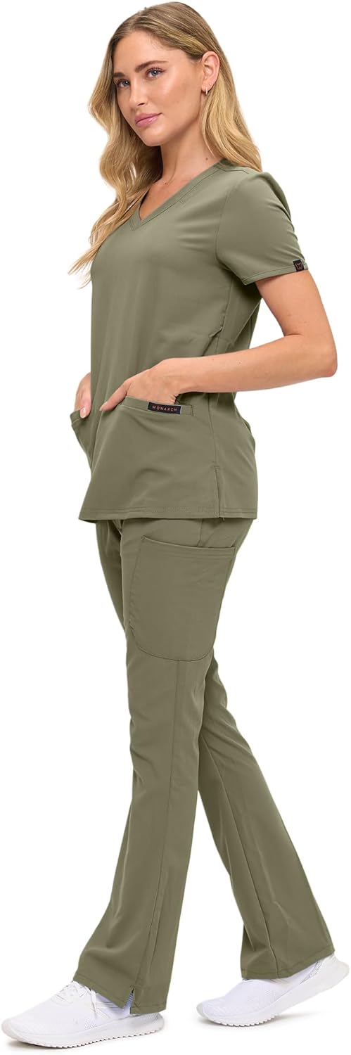 Monarch Uniforms Women's Soft Stretch Scrub Set With Nine Pockets – V-Neck Top & High-Waisted Bootcut Pants - Olive