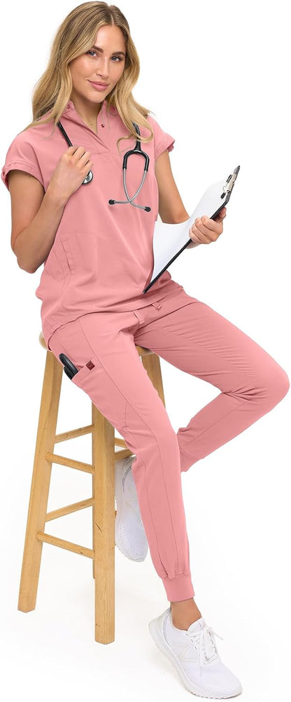 Monarch Uniforms Women's Jogger Scrub Set with Oversized Scrub Top with Mandarin Collar - Mauve
