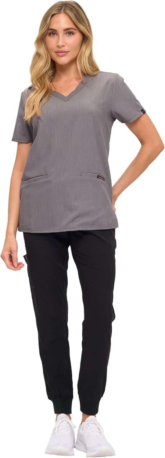 Monarch Uniforms Women's Scrub Top – Comfortable Stretch V-Neck Medical Shirt with Pockets - Heather Grey