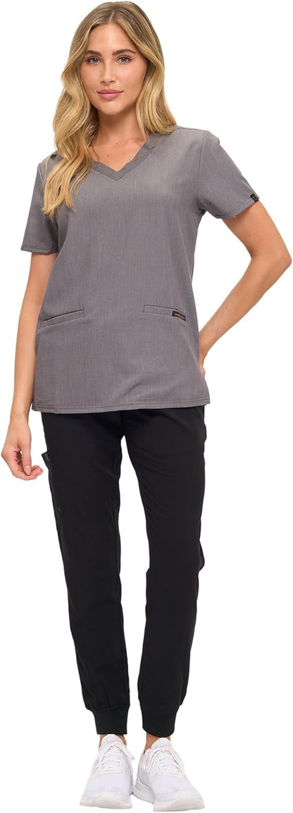 Monarch Uniforms Women's Scrub Top – Comfortable Stretch V-Neck Medical Shirt with Pockets - Heather Grey