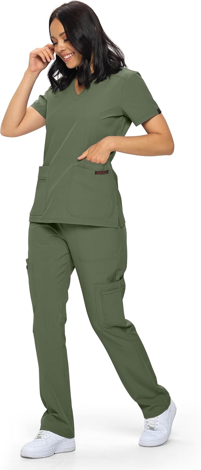 Monarch Uniforms Scrub Sets - Regular & Petite Stretchy Scrubs for Women - Set of Top & Pants - Olive Green