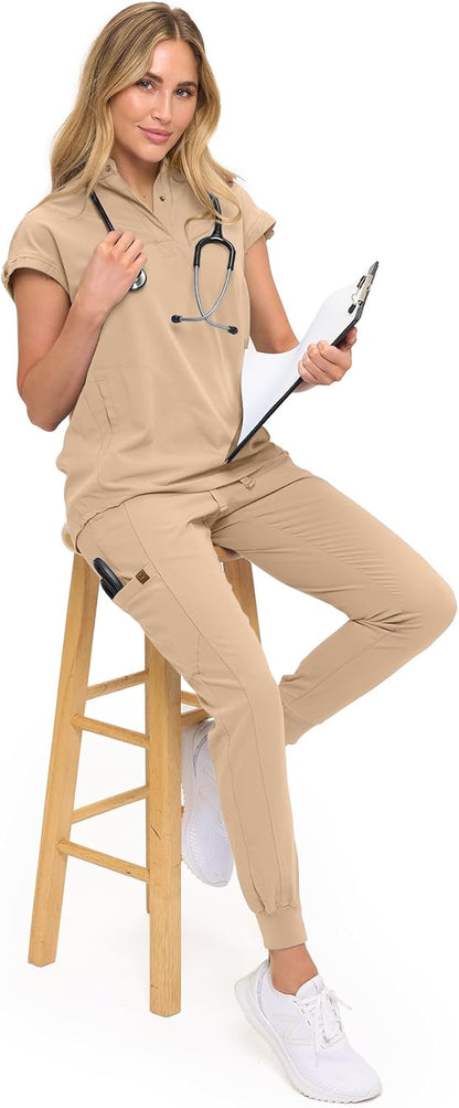 Monarch Uniforms Women's Jogger Scrub Set with Oversized Scrub Top with Mandarin Collar - Khaki