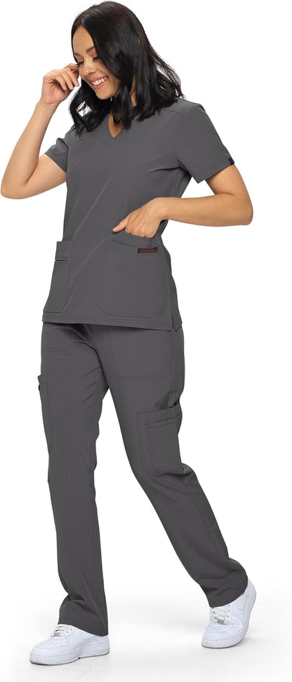 Monarch Uniforms Scrub Sets - Regular & Petite Stretchy Scrubs for Women - Set of Top & Pants - Charcoal