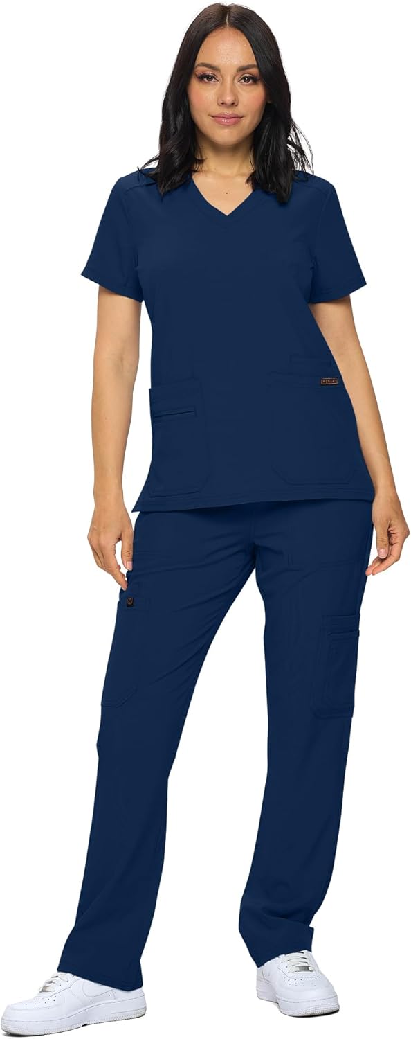 Monarch Uniforms Scrub Sets - Regular & Petite Stretchy Scrubs for Women - Set of Top & Pants - Navy