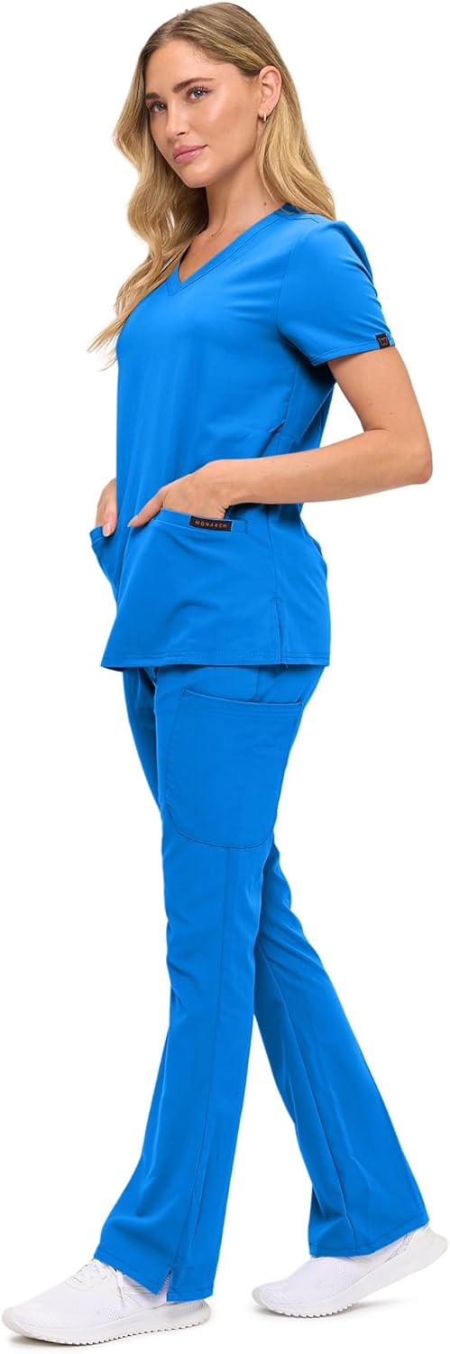 Monarch Uniforms Women's Soft Stretch Scrub Set With Nine Pockets – V-Neck Top & High-Waisted Bootcut Pants - Royal Blue