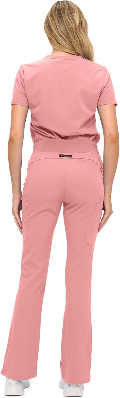 Monarch Uniforms Women's Soft Stretch Scrub Set With Nine Pockets – V-Neck Top & High-Waisted Bootcut Pants - Mauve
