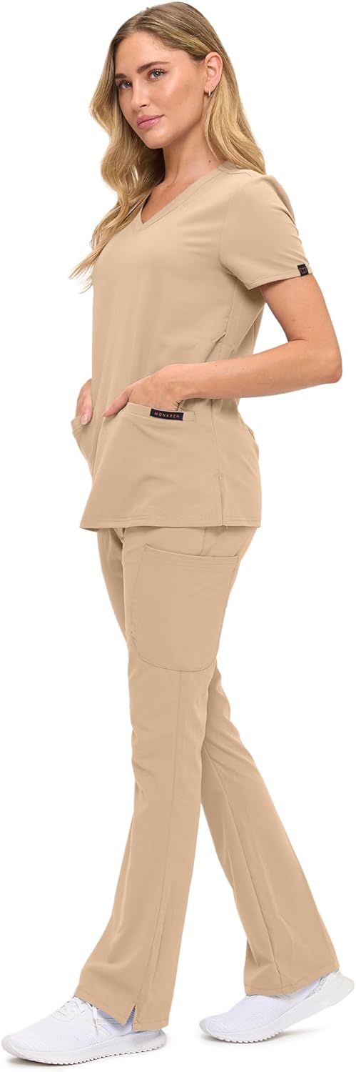 Monarch Uniforms Women's Soft Stretch Scrub Set With Nine Pockets – V-Neck Top & High-Waisted Bootcut Pants - Khaki