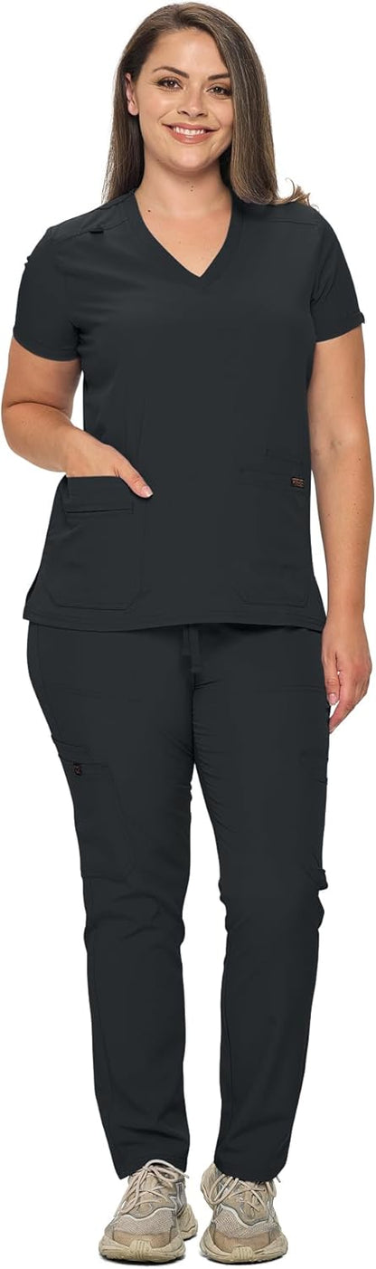 Monarch Uniforms Scrub Sets - Regular & Petite Stretchy Scrubs for Women - Set of Top & Pants - Black