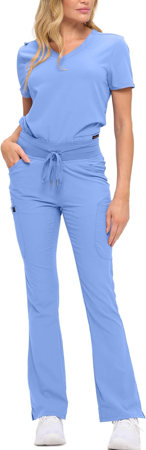 Monarch Uniforms Women's Soft Stretch Scrub Set With Nine Pockets – V-Neck Top & High-Waisted Bootcut Pants - Ceil Blue