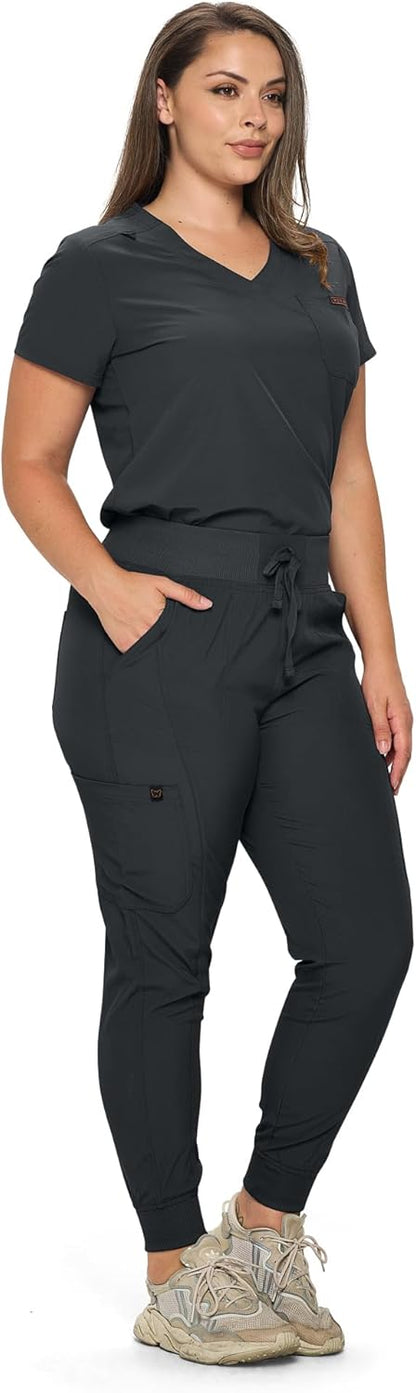 Monarch Uniforms Slim Fit Stretchy Scrubs Women's Jogger Scrub Set with Tuck-In Top - Black