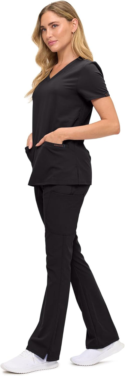 Monarch Uniforms Women's Soft Stretch Scrub Set With Nine Pockets – V-Neck Top & High-Waisted Bootcut Pants - Black