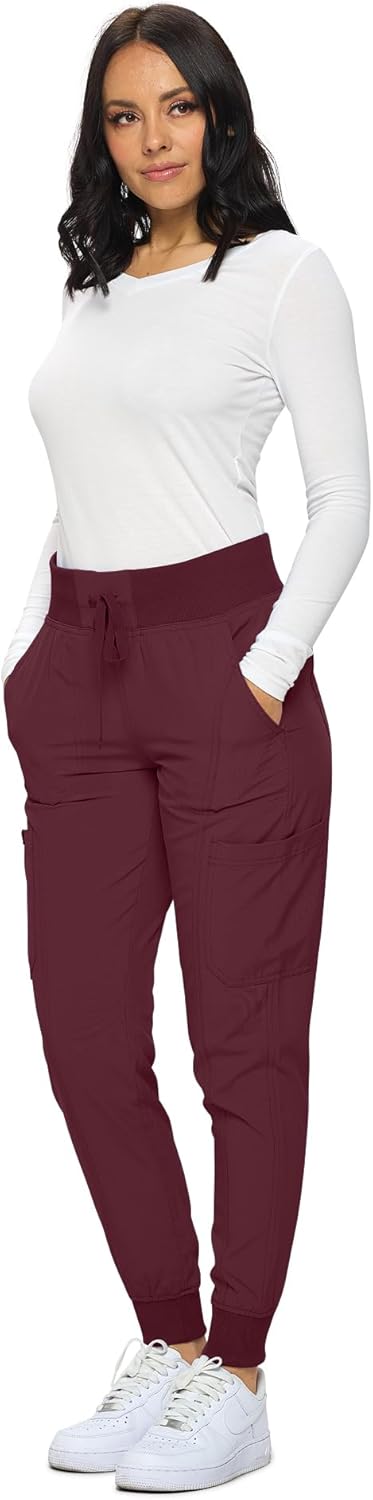 Monarch Uniforms Women's Jogger Scrubs Ribbed Jogger Scrub Pants for Women - Burgundy