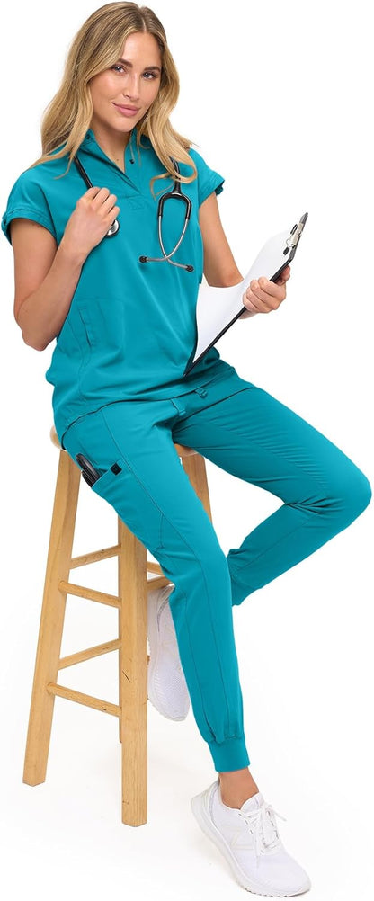Monarch Uniforms Women's Jogger Scrub Set with Oversized Scrub Top with Mandarin Collar - Teal
