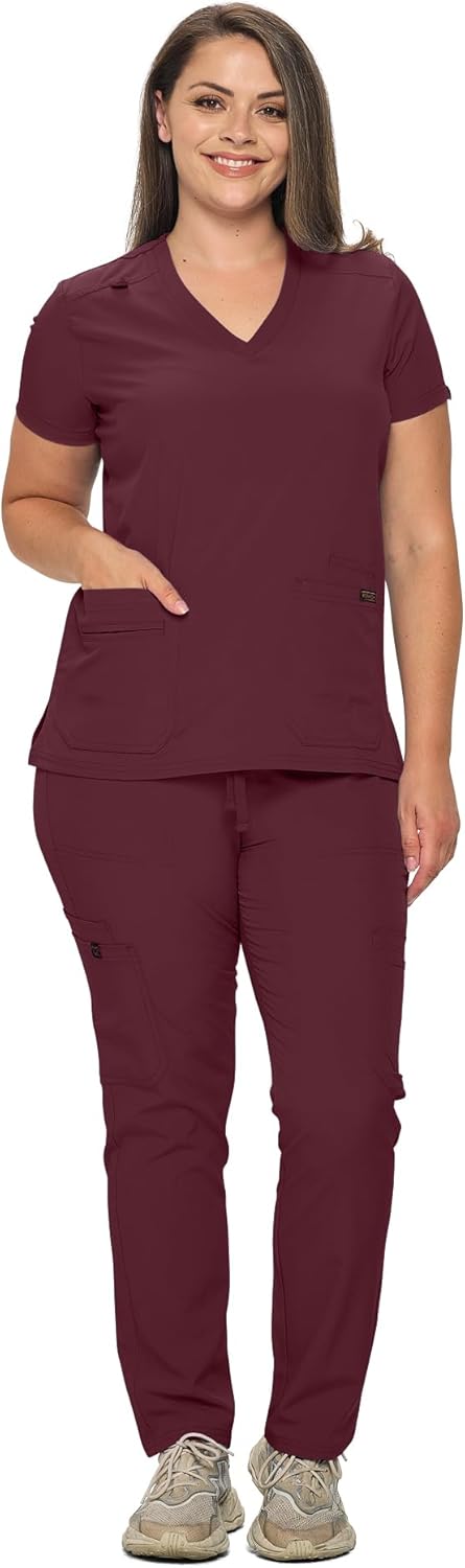 Monarch Uniforms Scrub Sets - Regular & Petite Stretchy Scrubs for Women - Set of Top & Pants - Burgundy
