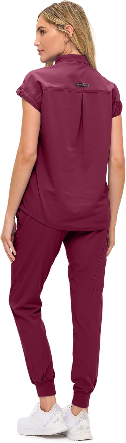 Monarch Uniforms Women's Jogger Scrub Set with Oversized Scrub Top with Mandarin Collar - Burgundy