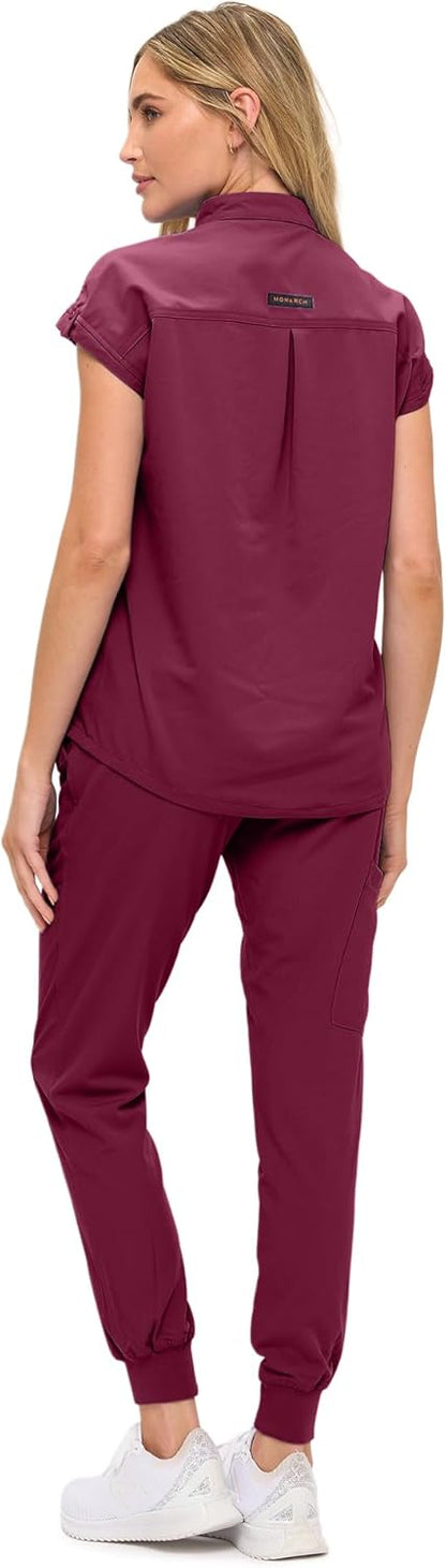 Monarch Uniforms Women's Jogger Scrub Set with Oversized Scrub Top with Mandarin Collar - Burgundy