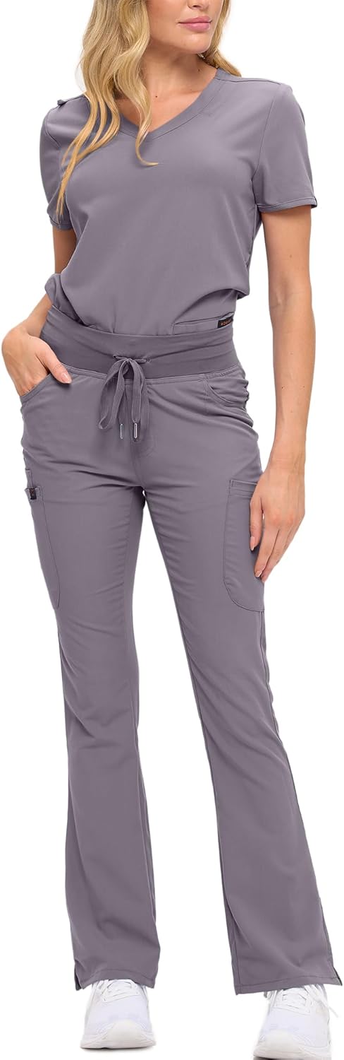 Monarch Uniforms Women's Soft Stretch Scrub Set With Nine Pockets – V-Neck Top & High-Waisted Bootcut Pants - Charcoal
