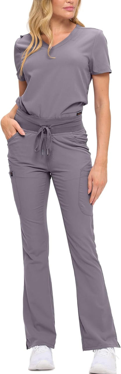 Monarch Uniforms Women's Soft Stretch Scrub Set With Nine Pockets – V-Neck Top & High-Waisted Bootcut Pants - Charcoal