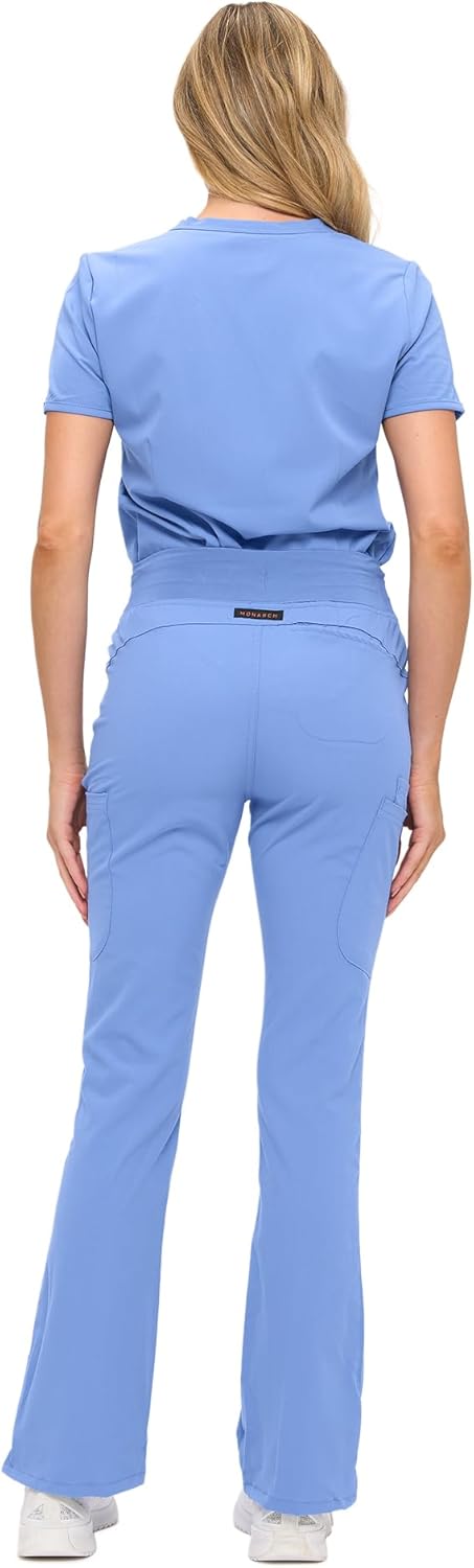 Monarch Uniforms Women's Soft Stretch Scrub Set With Nine Pockets – V-Neck Top & High-Waisted Bootcut Pants - Ceil Blue