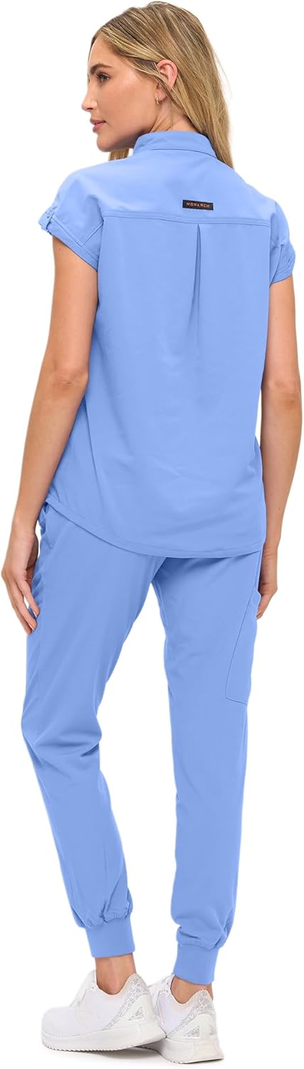 Monarch Uniforms Women's Jogger Scrub Set with Oversized Scrub Top with Mandarin Collar - Ceil Blue