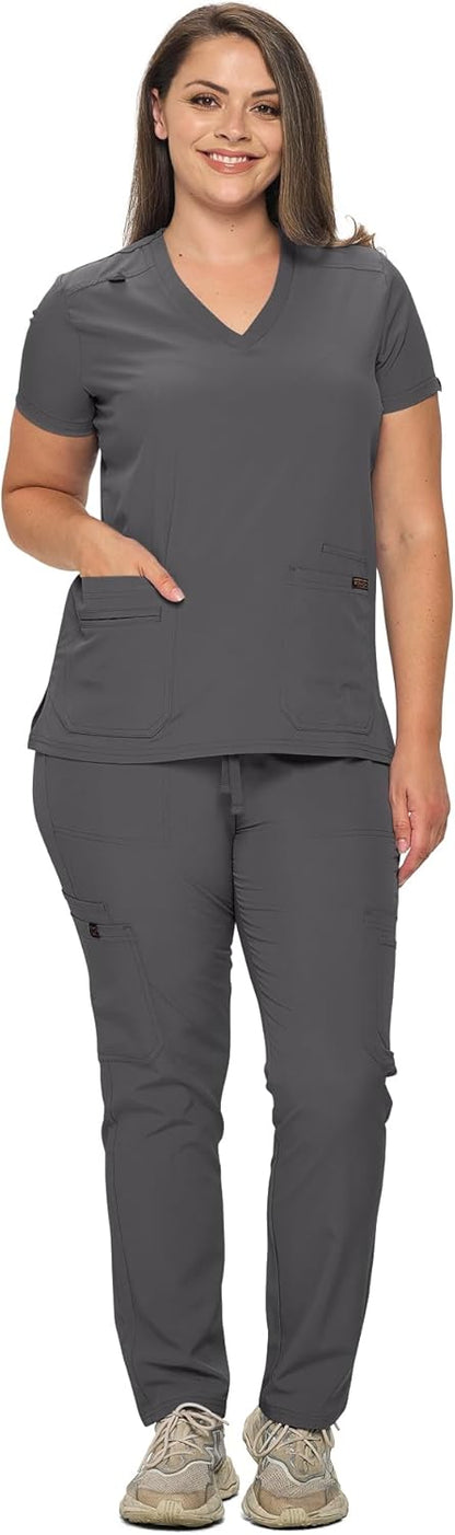 Monarch Uniforms Scrub Sets - Regular & Petite Stretchy Scrubs for Women - Set of Top & Pants - Charcoal