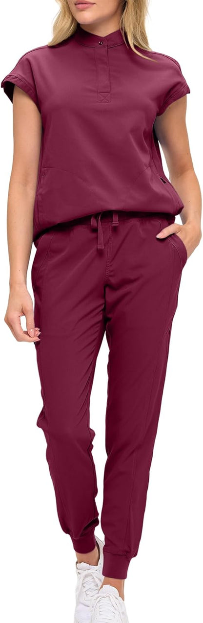 Monarch Uniforms Women's Jogger Scrub Set with Oversized Scrub Top with Mandarin Collar - Burgundy